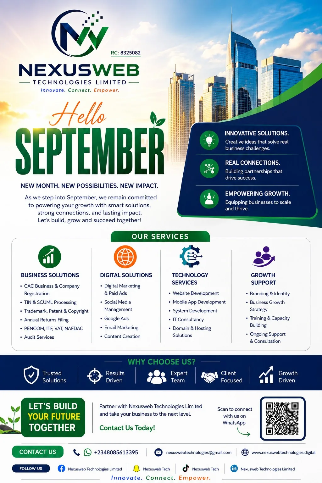 Happy New Month - September 2026 flyer from Nexusweb Technologies Limited: business registration, compliance, digital marketing, branding, technology services and training.